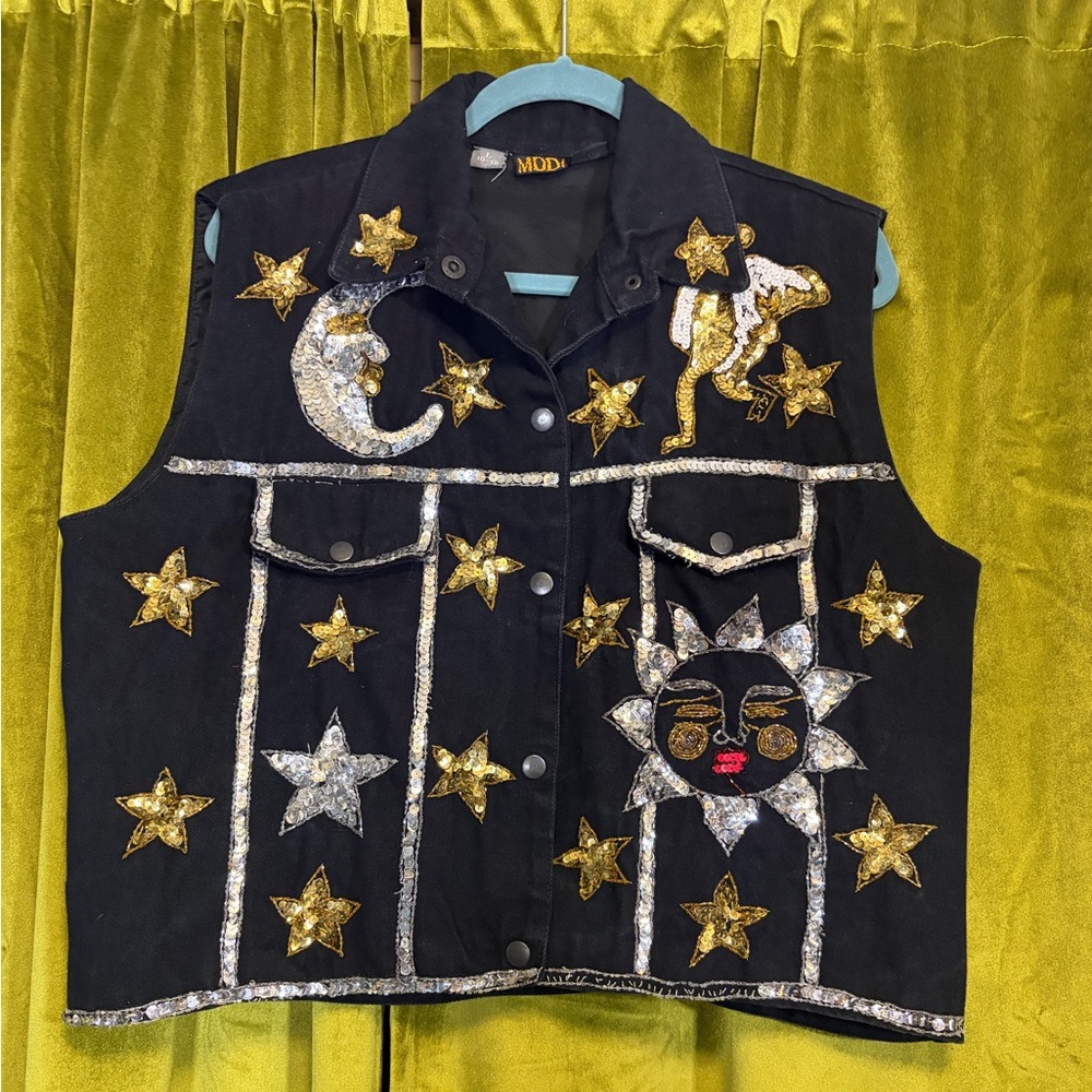 Vintage 80s 90s Modi Black Denim Flashy Sequin Star Sun & Moon Vest. Size L.